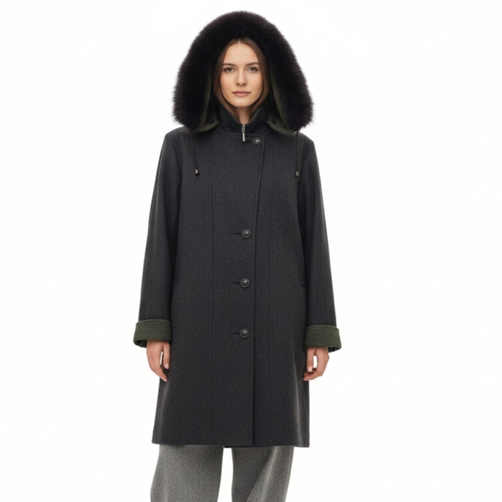 Vtg Italian made grey green wool blend LODEN coat removable fur trim hood EU 38